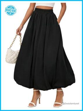 Women's Bubble Maxi Skirt Pockets Puffy Hem Ruffle Pleated Elastic Waist Long